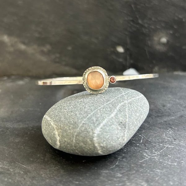 Peach Moonstone, Oregon Sunstone Sterling Silver Bangle Bracelet by Kate Wells Crooked River Jewelry