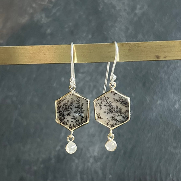 Dendritic Agate, Diamond, 18k and Sterling Silver Earrings by Kate Wells Crooked River Jewelry