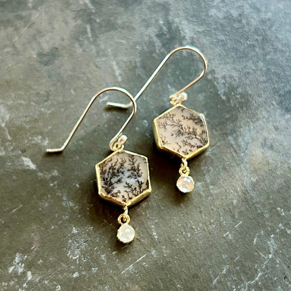 Dendritic Agate, Diamond, 18k and Sterling Silver Earrings by Kate Wells Crooked River Jewelry