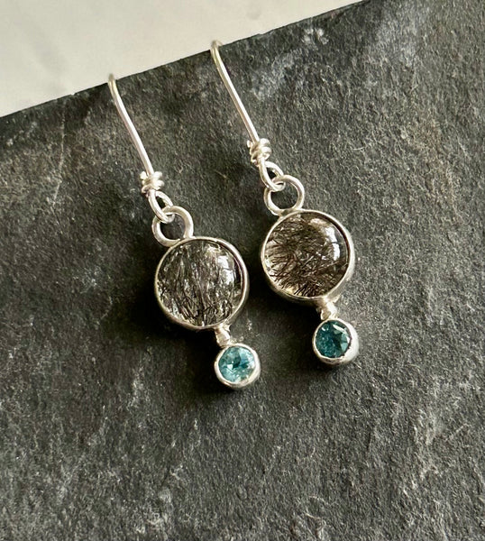 Tourmalinated Quartz, Blue Topaz Sterling Silver Earrings by Kate Wells Crooked River Jewelry