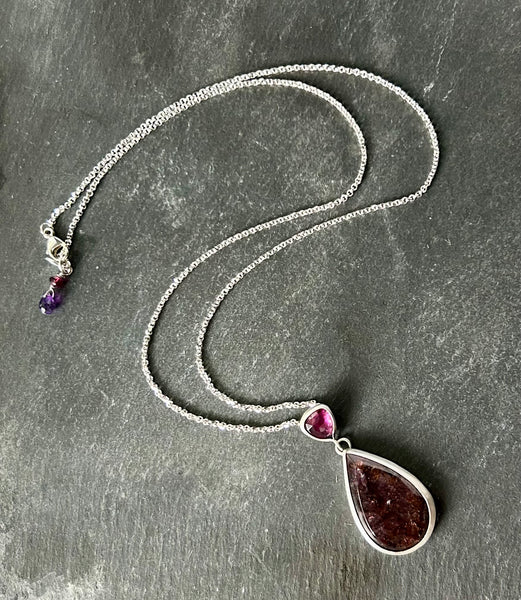 Super Seven, Rhodolite, Sterling Silver Necklace by Kate Wells Crooked River Jewelry