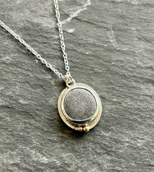 Lake Erie Beach Pebble, Sterling Silver, 14k Necklace by Kate Wells Crooked River Jewelry