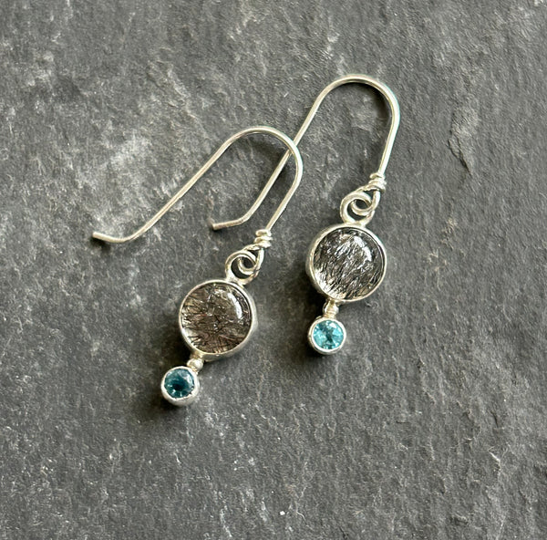 Tourmalinated Quartz, Blue Topaz Sterling Silver Earrings by Kate Wells Crooked River Jewelry