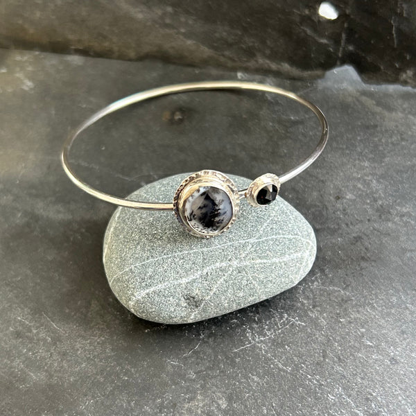 Dendritic Opal, Black Spinel, .925 Bangle Bracelet by Kate Wells Crooked River Jewelry