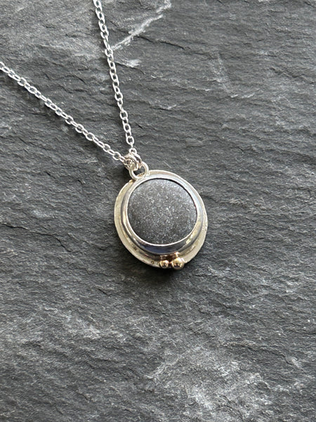 Lake Erie Beach Pebble, Sterling Silver, 14k Necklace by Kate Wells Crooked River Jewelry