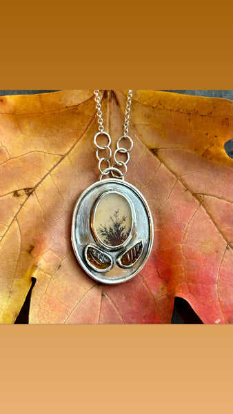 Dendritic Agate, Tourmaline, Sterling Silver Frame Necklace by Kate Wells Crooked River Jewelry