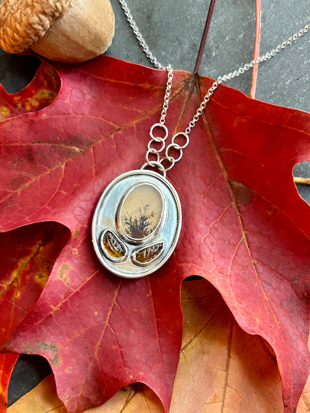 Dendritic Agate, Tourmaline, Sterling Silver Frame Necklace by Kate Wells Crooked River Jewelry