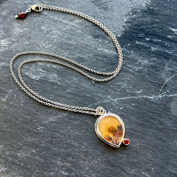 Dendritic Agate, Garnet, Sterling Silver, 18k Necklace by Kate Wells Crooked River Jewelry