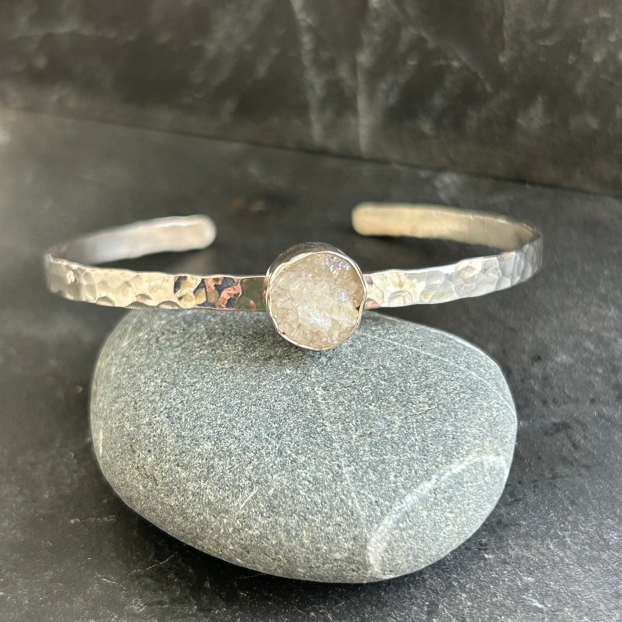 White Titanium Infused Druzy Quartz, Hammered Sterling Silver Cuff Bracelet by Kate Wells Crooked River Jewelry