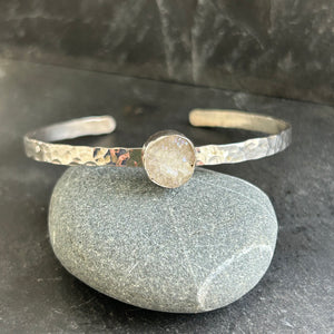 White Titanium Infused Druzy Quartz, Hammered Sterling Silver Cuff Bracelet by Kate Wells Crooked River Jewelry