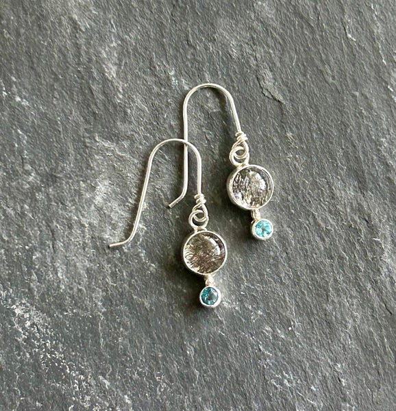 Tourmalinated Quartz, Blue Topaz Sterling Silver Earrings by Kate Wells Crooked River Jewelry