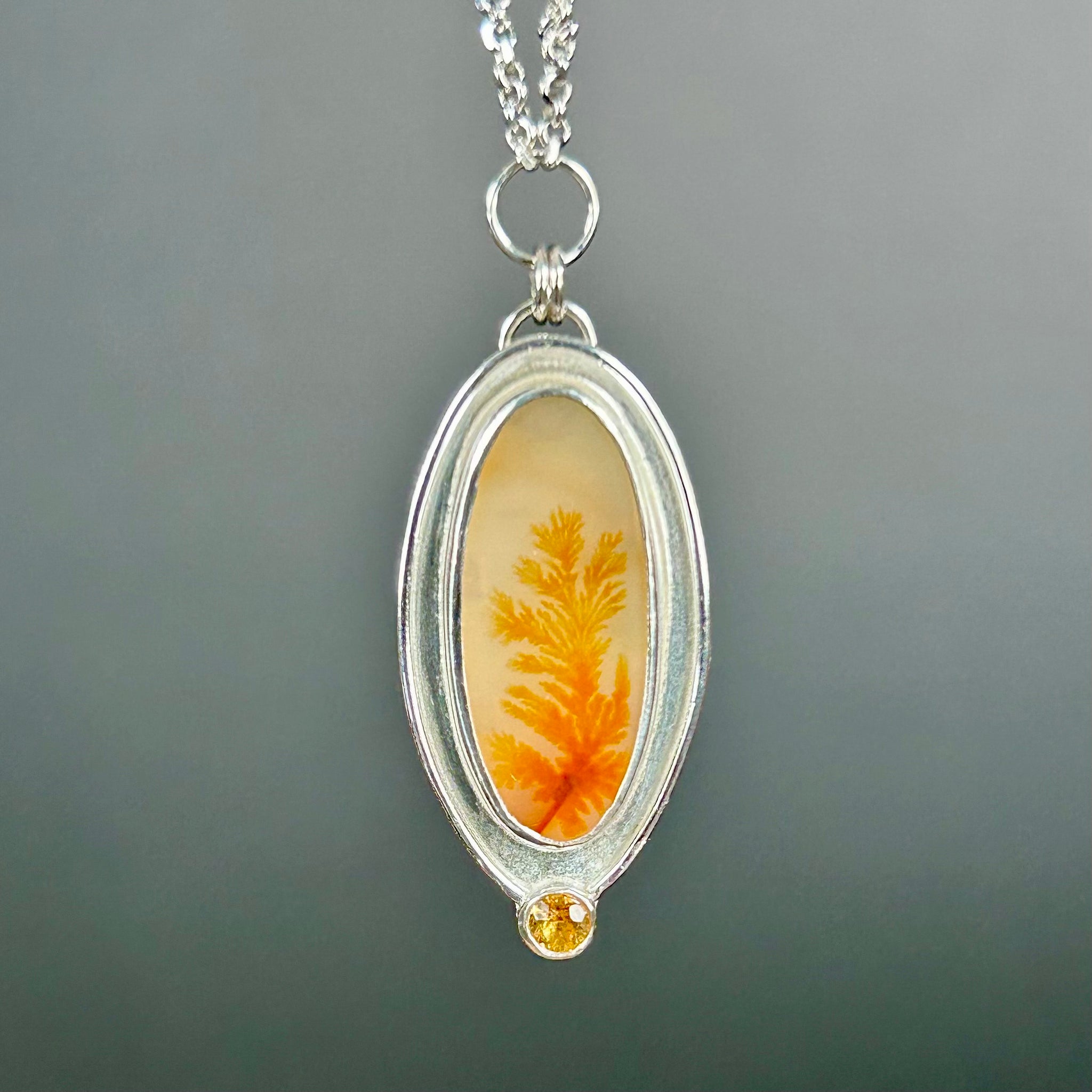 Dendritic Agate, Mandarin Garnet, .925 Necklace by Kate Wells Crooked River Jewelry