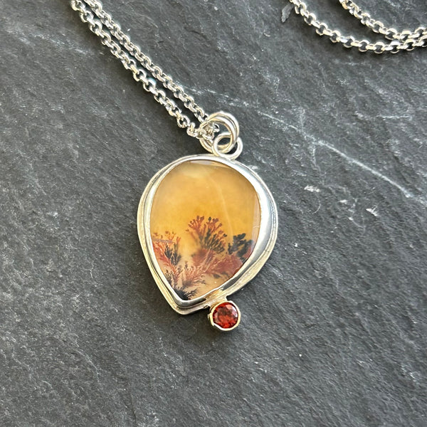 Dendritic Agate, Garnet, Sterling Silver, 18k Necklace by Kate Wells Crooked River Jewelry