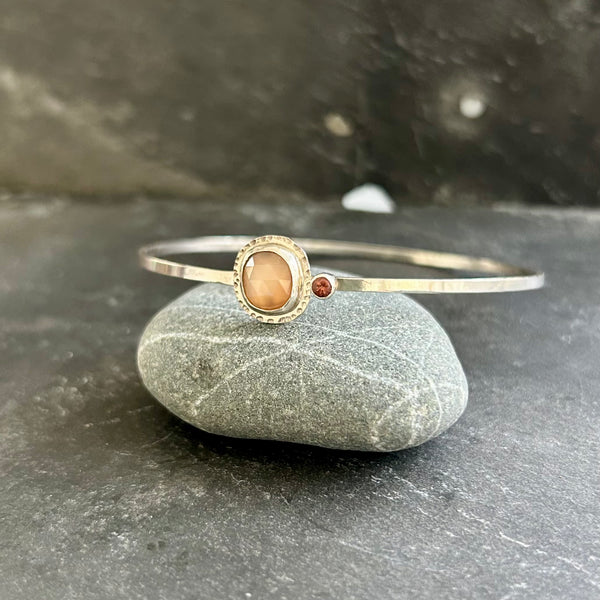 Peach Moonstone, Oregon Sunstone Sterling Silver Bangle Bracelet by Kate Wells Crooked River Jewelry
