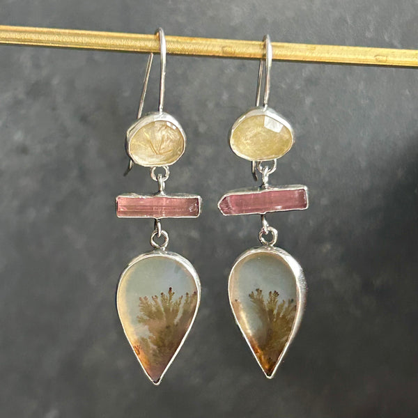 Dendritic Agate, Multi-gem Earrings by Kate Wells Crooked River Jewelry