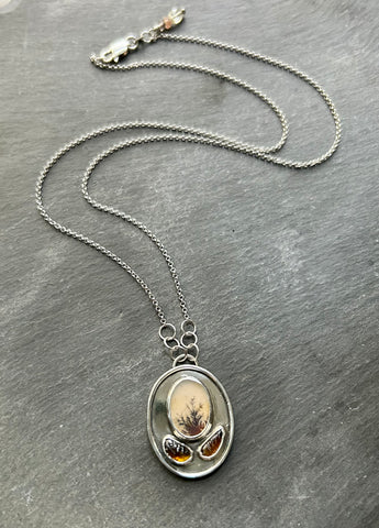 Dendritic Agate, Tourmaline, Sterling Silver Frame Necklace by Kate Wells Crooked River Jewelry