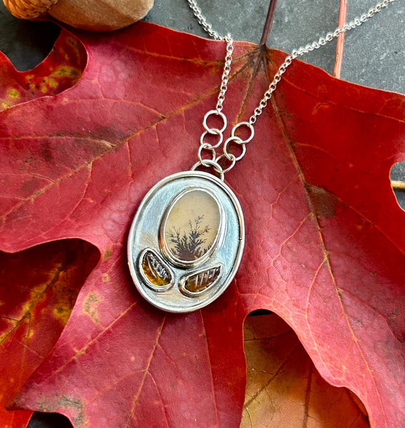 Dendritic Agate, Tourmaline, Sterling Silver Frame Necklace by Kate Wells Crooked River Jewelry