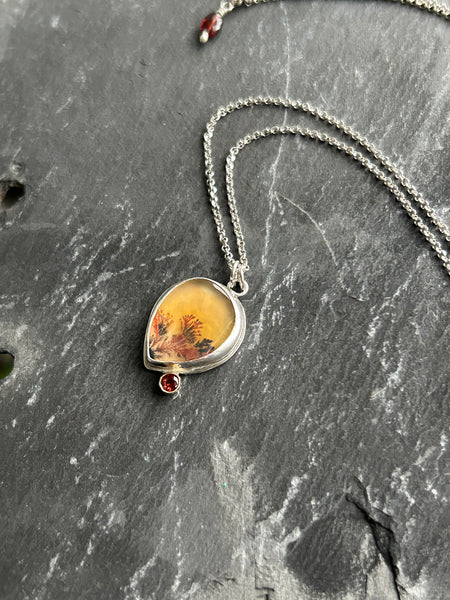 Dendritic Agate, Garnet, Sterling Silver, 18k Necklace by Kate Wells Crooked River Jewelry