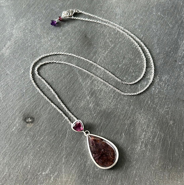 Super Seven, Rhodolite, Sterling Silver Necklace by Kate Wells Crooked River Jewelry