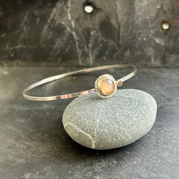 Peach Moonstone, Oregon Sunstone Sterling Silver Bangle Bracelet by Kate Wells Crooked River Jewelry