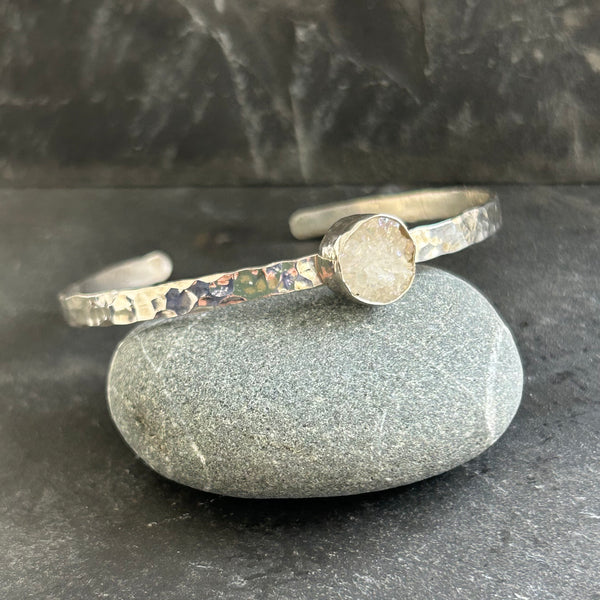 White Titanium Infused Druzy Quartz, Hammered Sterling Silver Cuff Bracelet by Kate Wells Crooked River Jewelry