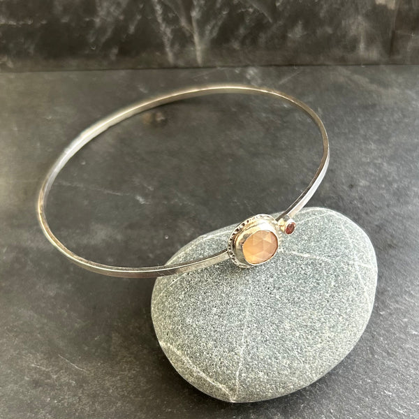 Peach Moonstone, Oregon Sunstone Sterling Silver Bangle Bracelet by Kate Wells Crooked River Jewelry
