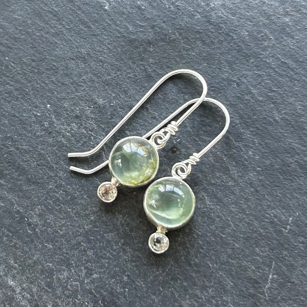 Prehnite, White Topaz Sterling Silver Earrings by Kate Wells Crooked River Jewelry