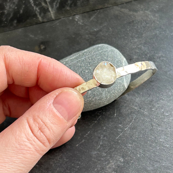 White Titanium Infused Druzy Quartz, Hammered Sterling Silver Cuff Bracelet by Kate Wells Crooked River Jewelry