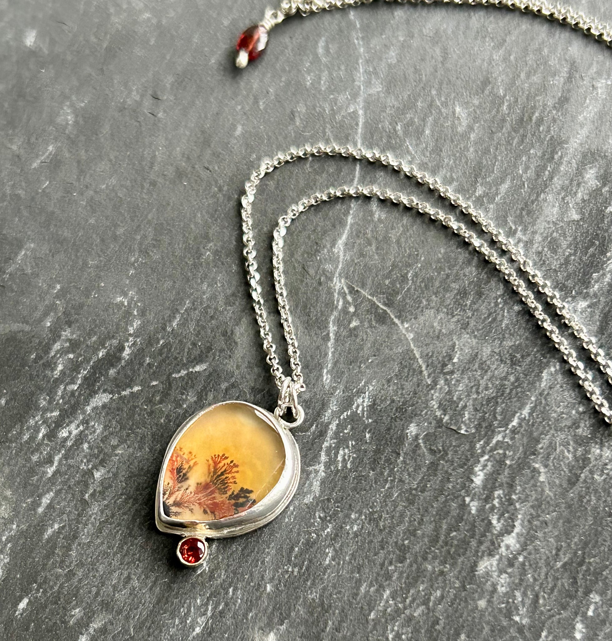 Dendritic Agate, Garnet, Sterling Silver, 18k Necklace by Kate Wells Crooked River Jewelry
