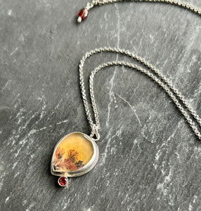 Dendritic Agate, Garnet, Sterling Silver, 18k Necklace by Kate Wells Crooked River Jewelry