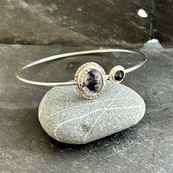 Dendritic Opal, Black Spinel, .925 Bangle Bracelet by Kate Wells Crooked River Jewelry
