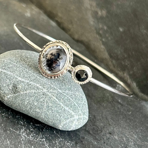 Dendritic Opal, Black Spinel, .925 Bangle Bracelet by Kate Wells Crooked River Jewelry