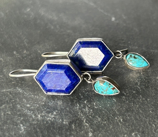 Lapis, Turquoise Sterling Silver Earrings by Kate Wells Crooked River Jewelry