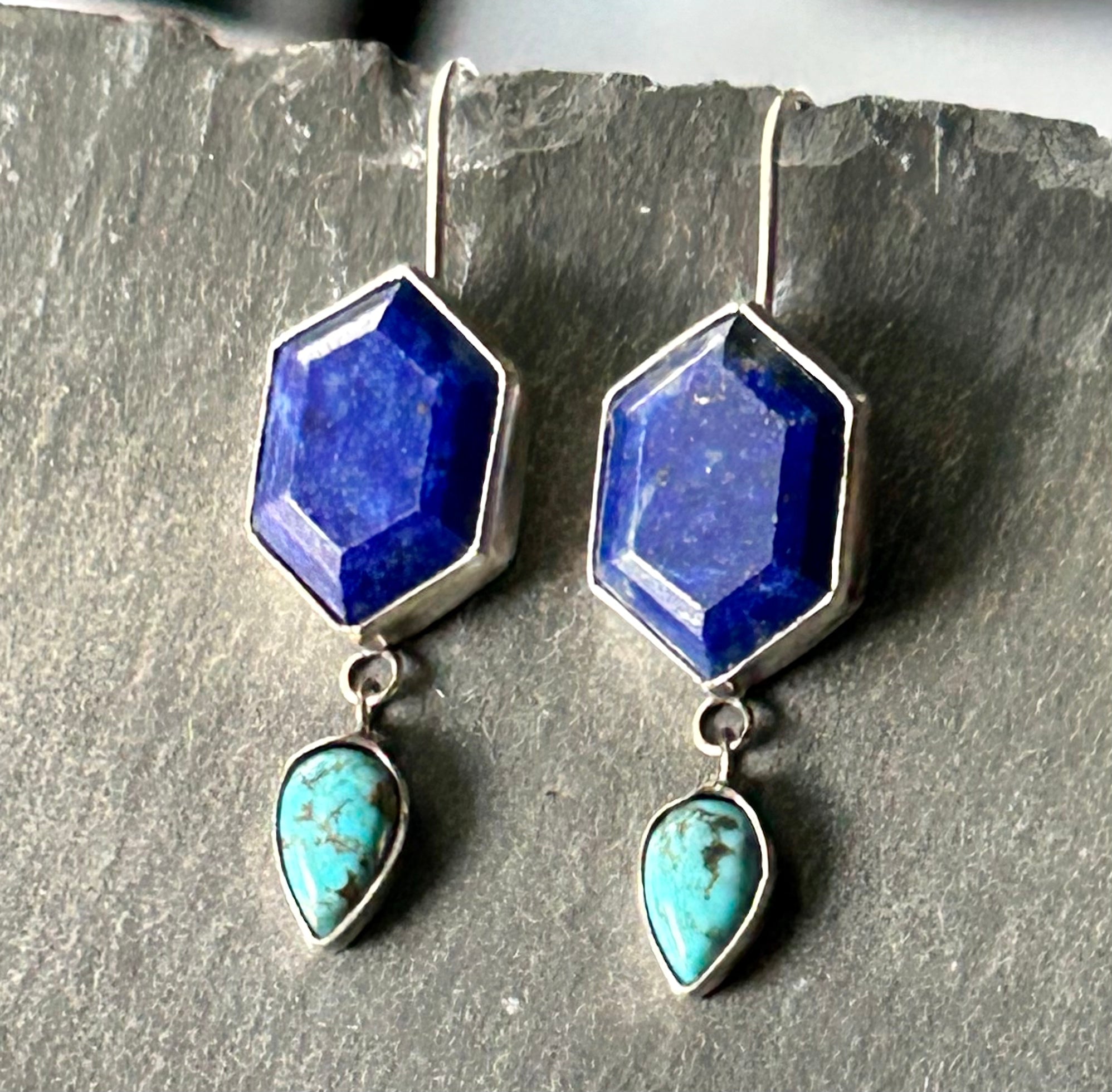 Lapis, Turquoise Sterling Silver Earrings by Kate Wells Crooked River Jewelry