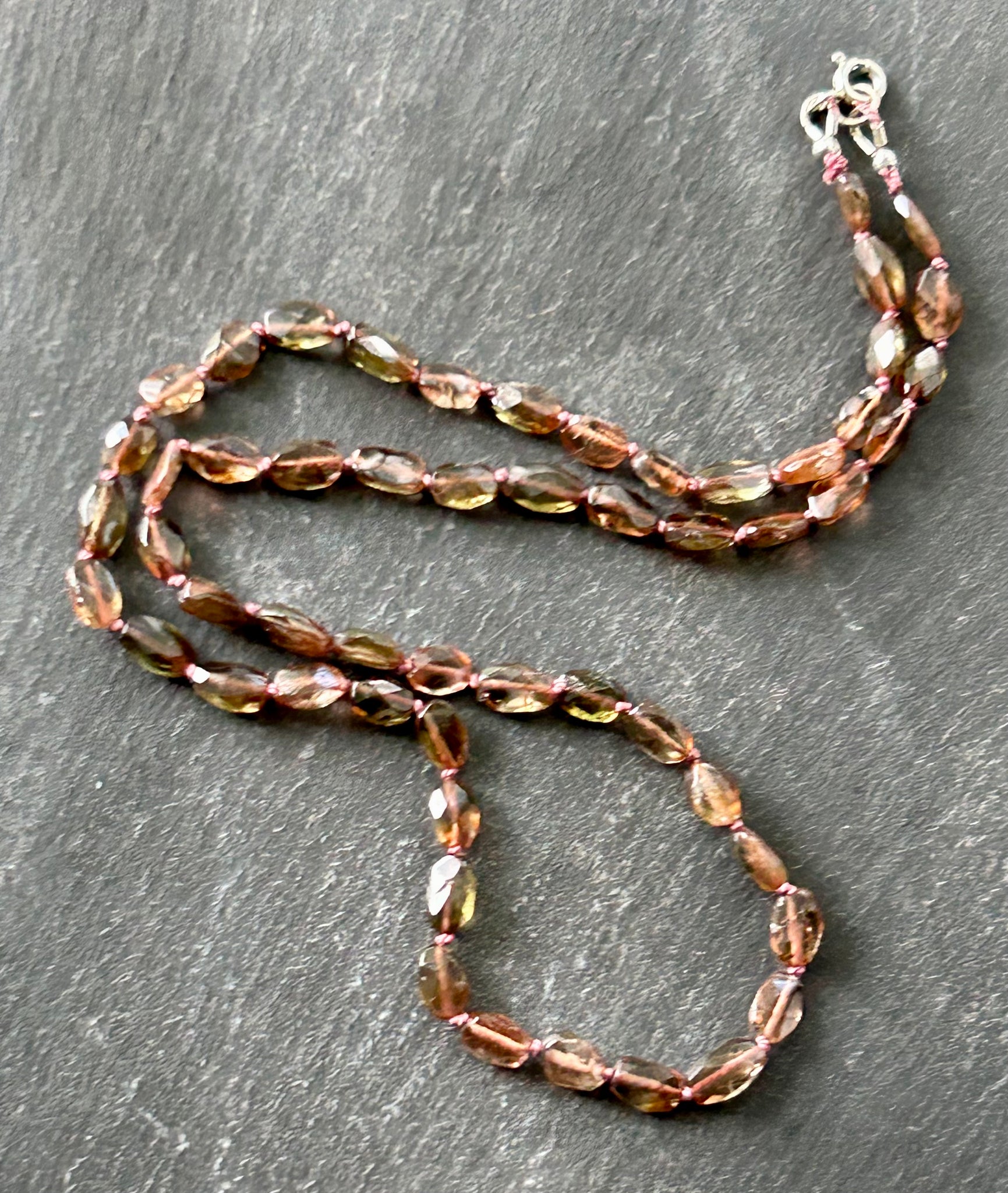 Andalusite, Hand-knotted Silk Necklace by Kate Wells Crooked River Jewelry