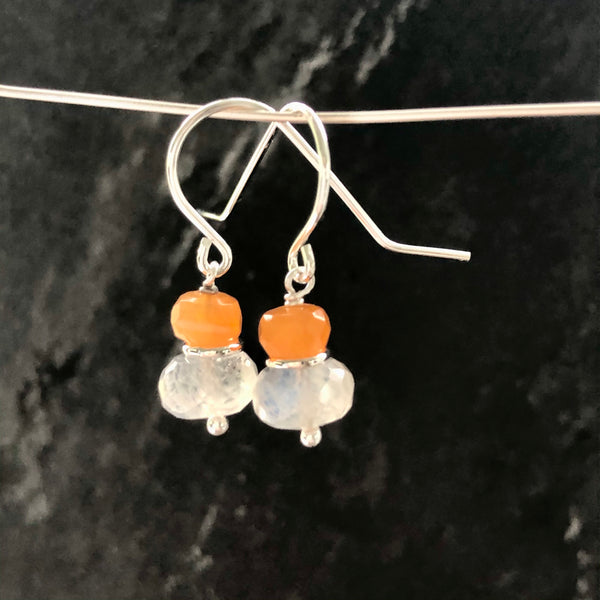 Fire Opal, Rainbow Moonstone Sterling Silver Earrings by Kate Wells Crooked River Jewelry