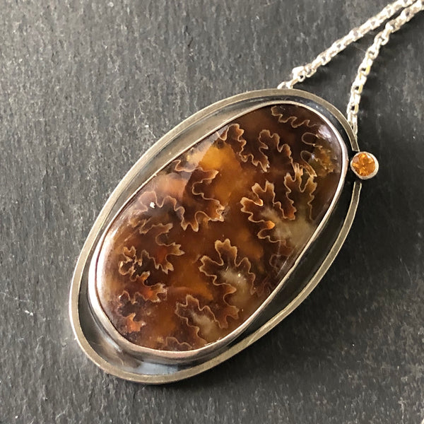 Suture Amonite Mandarin Garnet Sterling Silver Necklace by Kate Wells Crooked River Jewelry