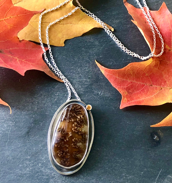 Suture Amonite Mandarin Garnet Sterling Silver Necklace by Kate Wells Crooked River Jewelry