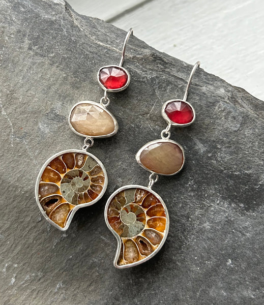 Ammonite, Sapphire, Garnet Sterling Silver Earrings by Kate Wells Crooked River Jewelry