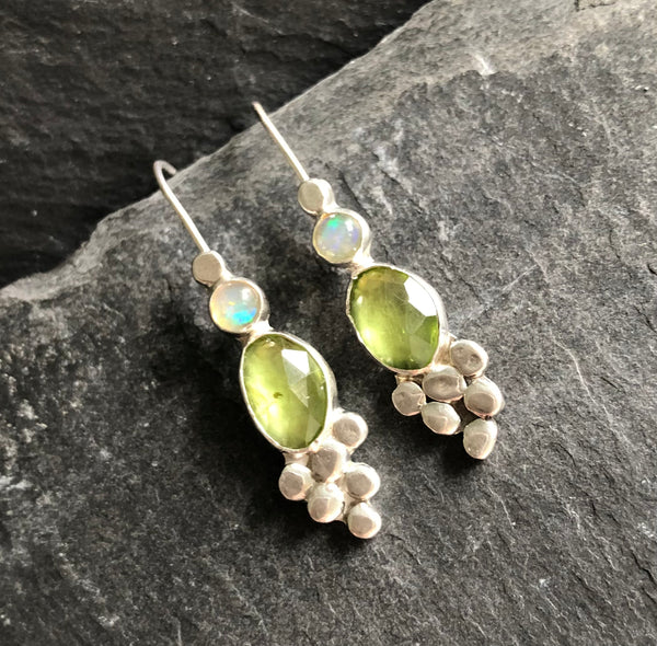 Peridot and Welo Opal Sterling Silver Earrings by Kate Wells Crooked River Jewelry