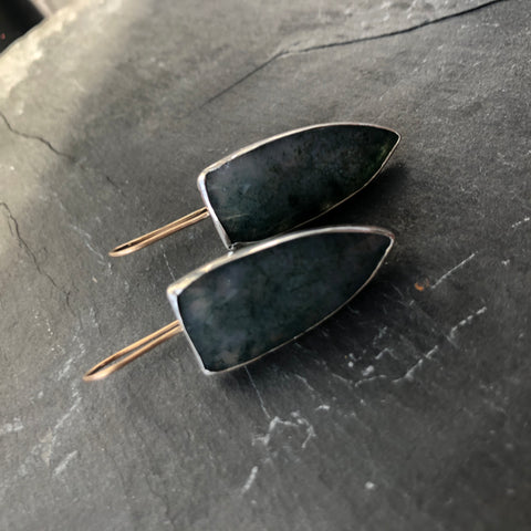 Moss Agate, Sterling Silver and 14k Gold Earrings by Kate Wells Crooked River Jewelry