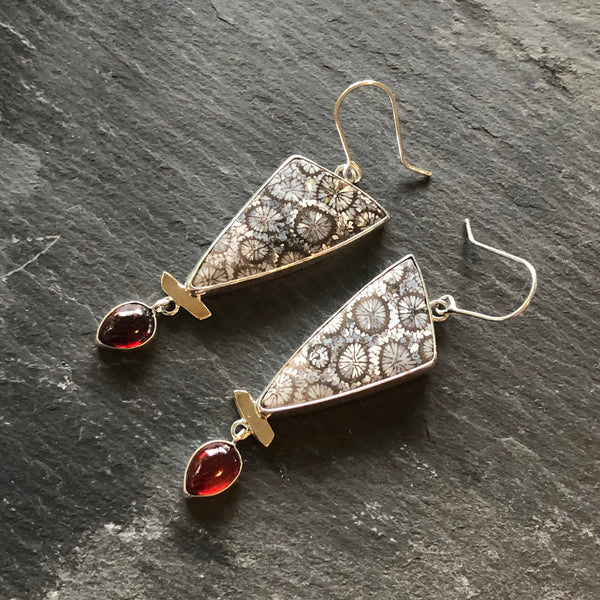 Agatized Coral, Garnet, Sterling Silver and 14k Statement Earrings by Kate Wells Crooked River Jewelry