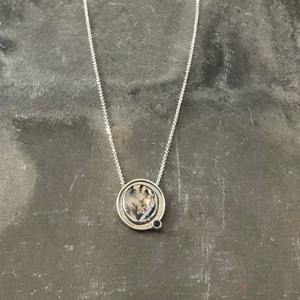 Dendritic Opal, Black Spinel, Sterling Necklace by Kate Wells Crooked River Jewelry
