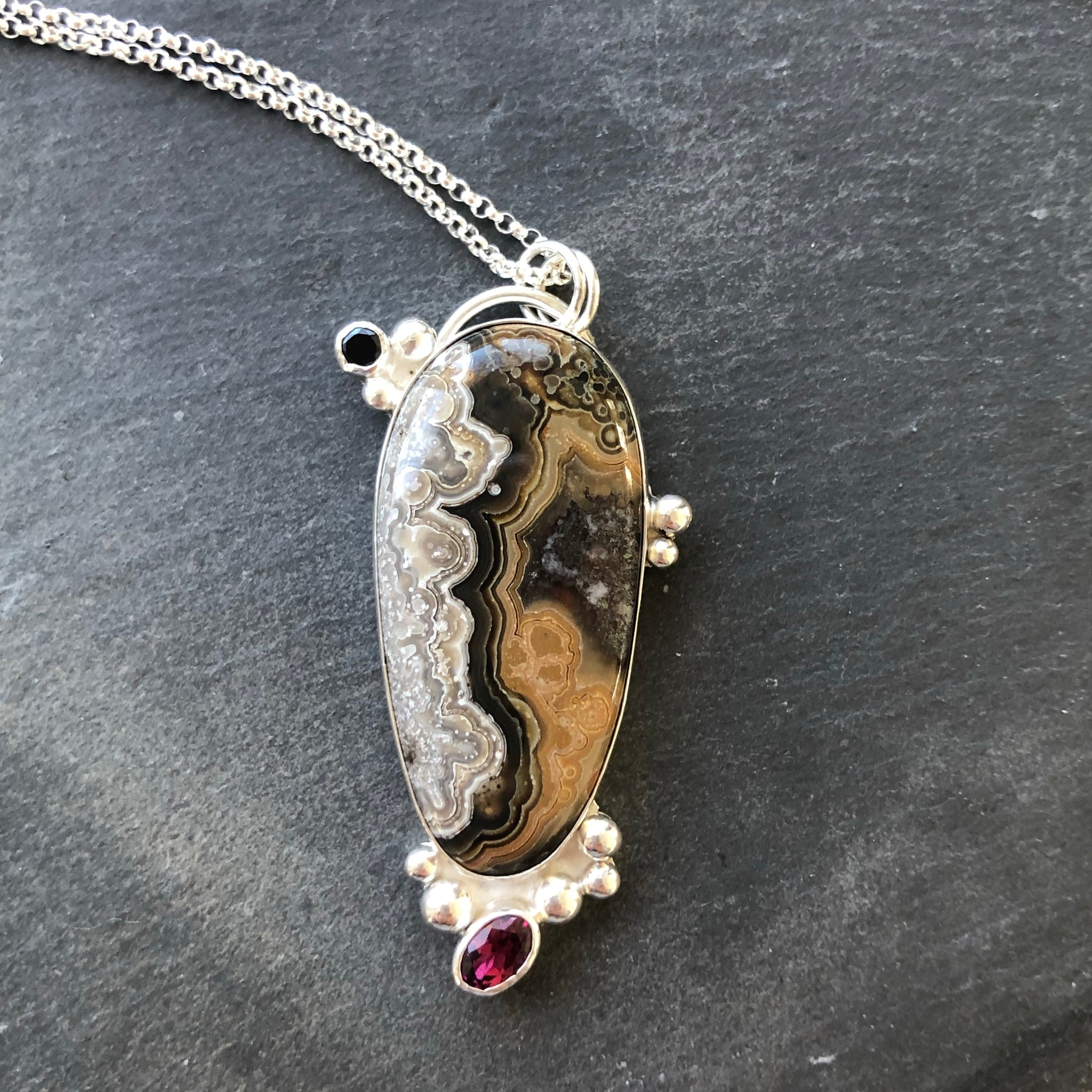 Crazy Lace Agate Sterling Silver Necklace by Kate Wells Crooked River Jewelry