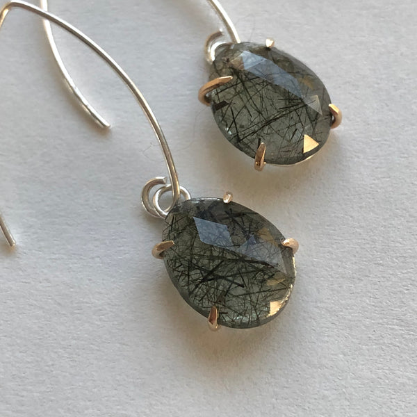 Green Rutilated Quartz, Sterling Silver and 14K Earrings by Kate Wells Crooked River Jewelry