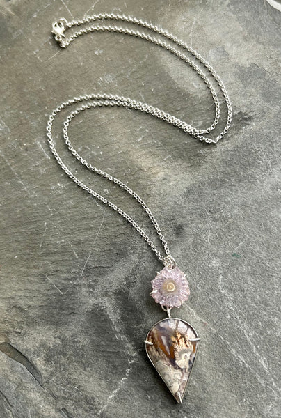 Plume Agate, Amethyst Sterling Silver Necklace by Kate Wells Crooked River Jewelry