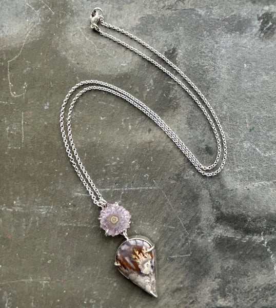 Plume Agate, Amethyst Sterling Silver Necklace by Kate Wells Crooked River Jewelry