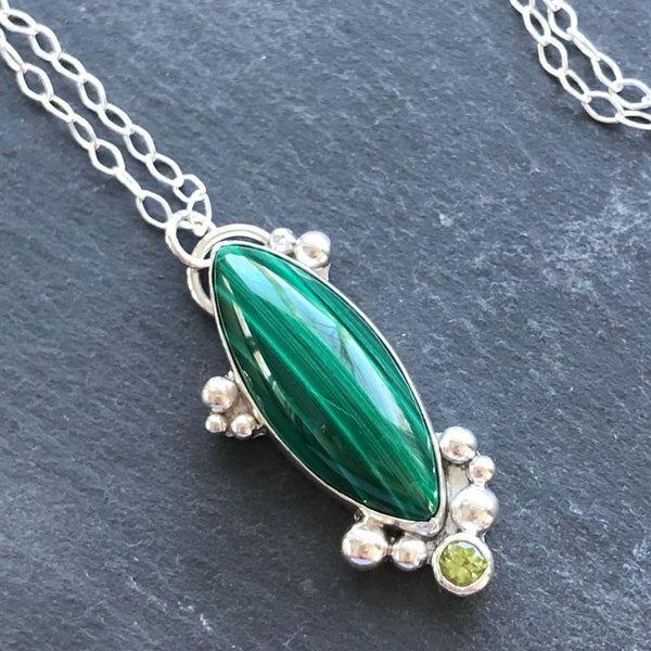 Malachite and Peridot Sterling Silver Necklace by Kate Wells Crooked River Jewelry