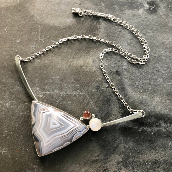 Agate and Sterling Silver Necklace with Moonstone and Sunstone by Kate Wells Crooked River Jewelry