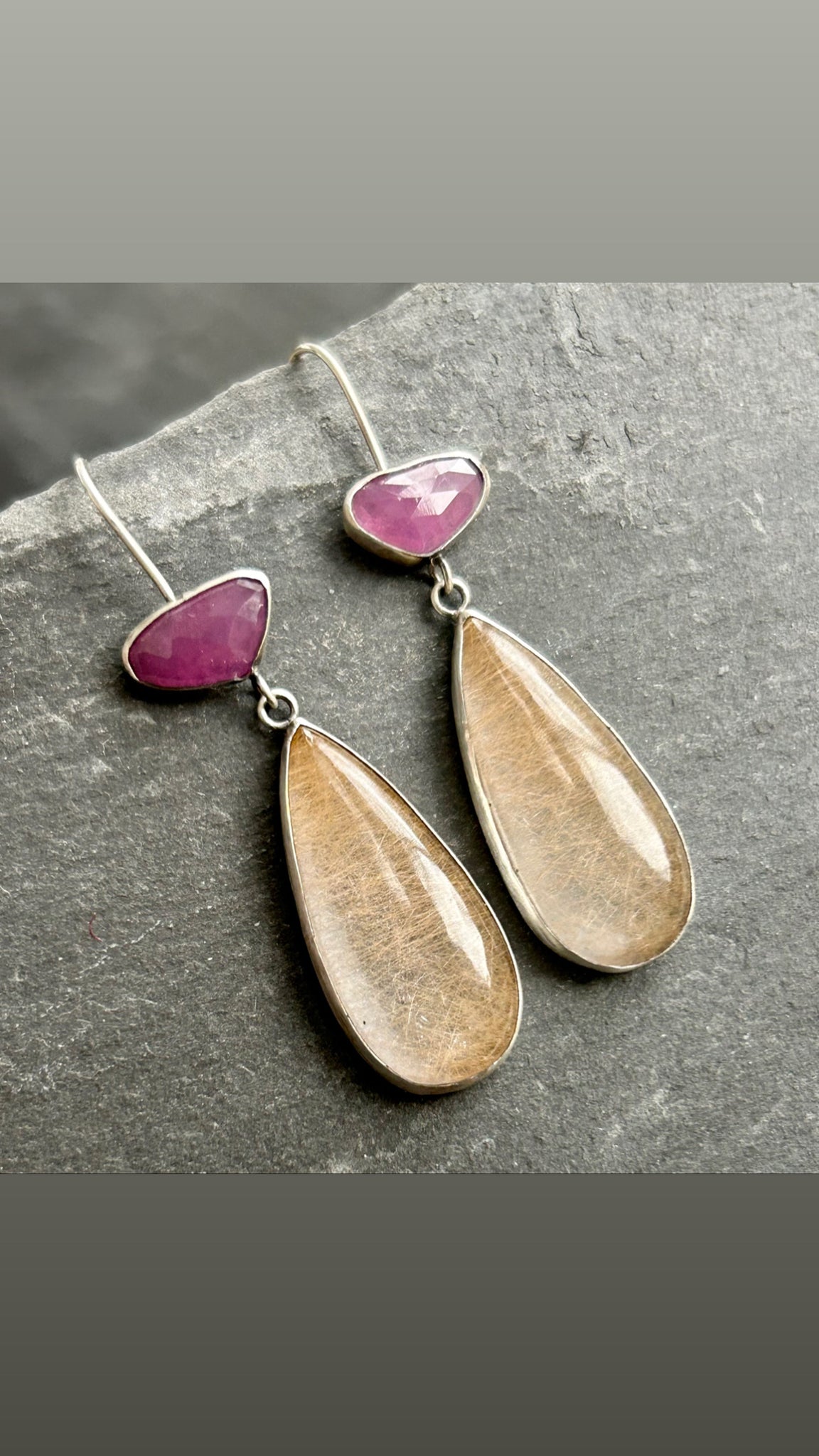 Golden Rutilated Quartz, Pink Sapphire Sterling Silver Earrings by